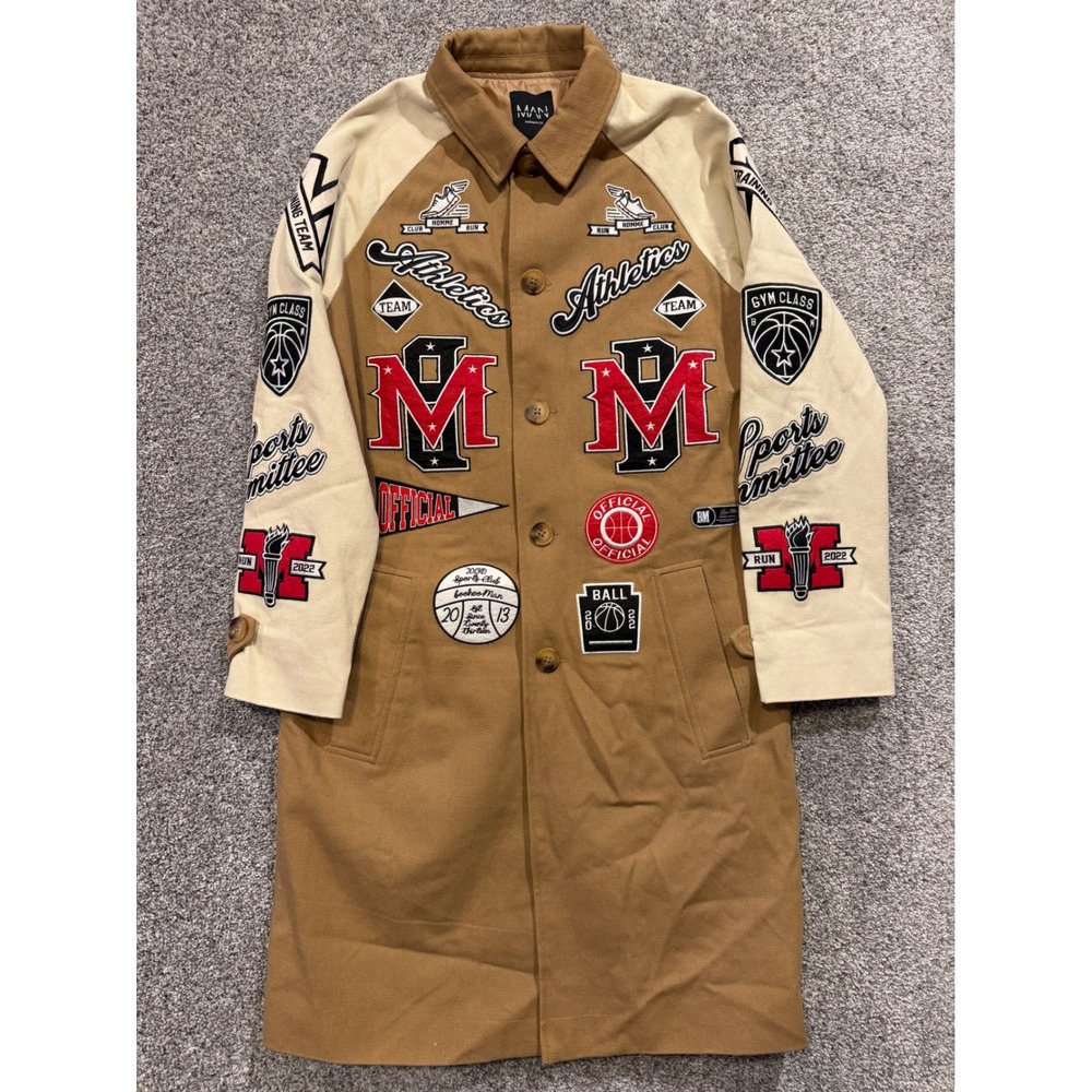 BoohooMAN Coat Mens‎ M Mac Stone All Over Varsity Badge Saquan Taylor Longline